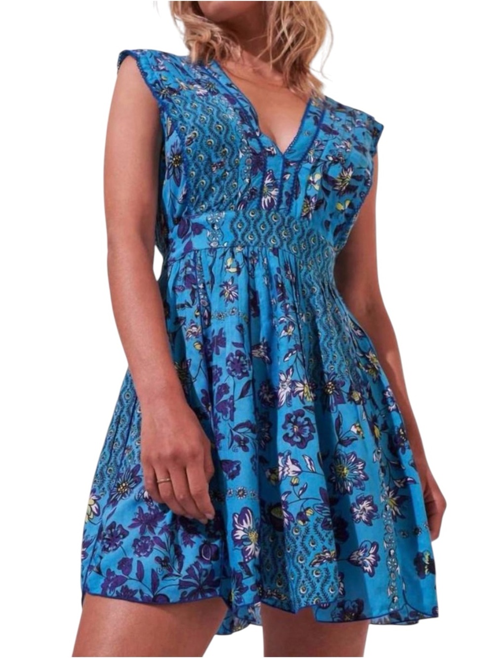 Poupette St. Barth Agnes Blue Floral V‑Neck Sleeveless Mini Dress SMALL